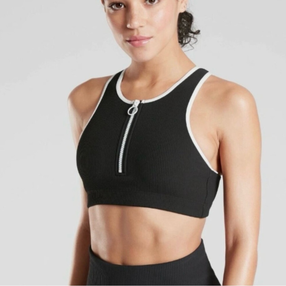Athleta Black and White Zip-Front Sports Bra